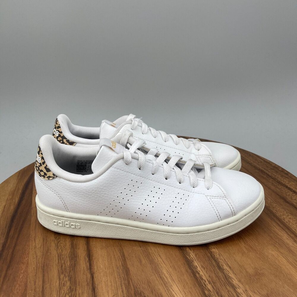 Adidas Advantage W Cloud Shoes Womens Size 8 White Leather Leopard Print Tennis